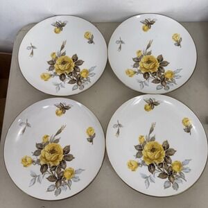 Sango Cotillion Yellow Rose Plates 10 1/8" Set of 4 Gold Trim